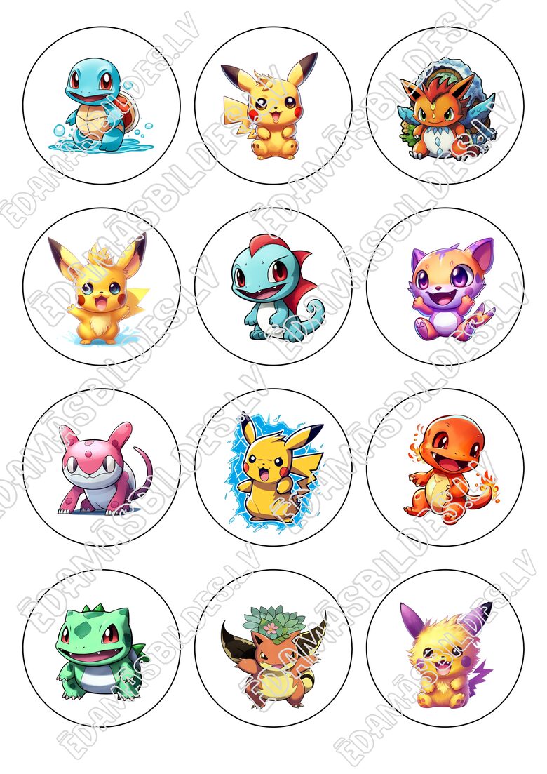 Cukura papīrs ar apdruku "Pokemoni" Nr 3, aplīši 6 cm